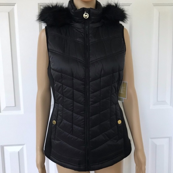 NWT MICHAEL Kors Black Fur trim hood Vest S - Picture 2 of 8